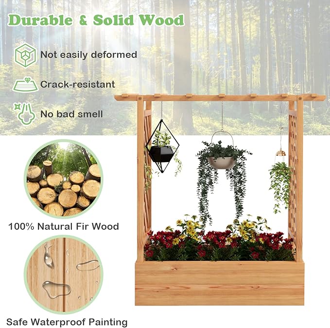 IRONMAX Raised Garden Bed with Trellis &amp Hanging Roof Fir Wood Planter Box for Vegetables Flower Climbing Plants Outdoor Garden Planter w/Drainage Holes for Backyard (1 43.5 x 17.5 x 44.5)
