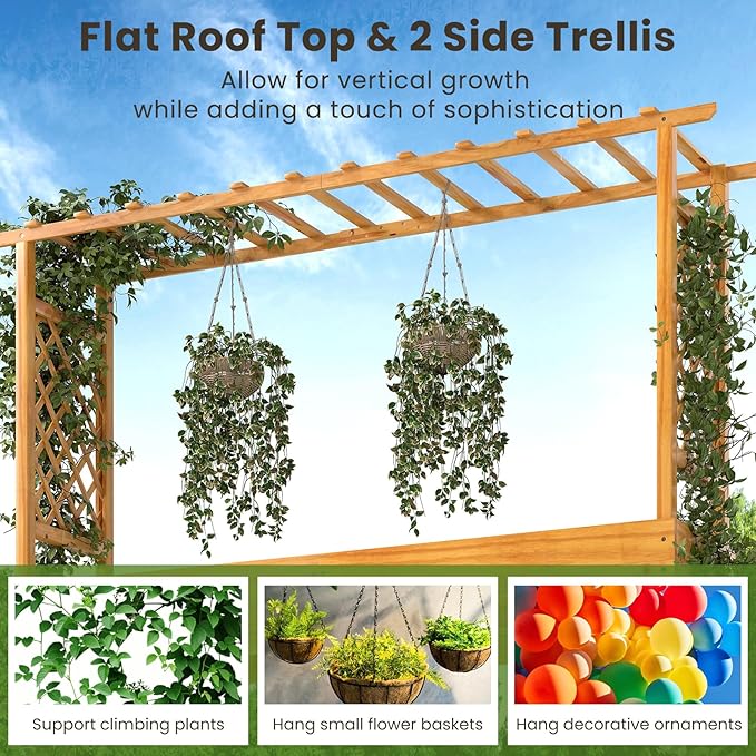 Happygrill 45 Raised Garden Bed with Trellis Wood Planter Box w/Hanging Roof 2 Side Trellises Open-Ended Base for Flower Climbing Plant Plant Container for Garden