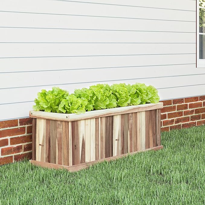 Giantex Acacia Wood Raised Garden Bed Rectangular Planter Box w/Drainage Gaps Floor Standing Window Mount for Flower Vegetable Herb Fruit Outdoor Plant Container for Backyard Lawn 36x12x12