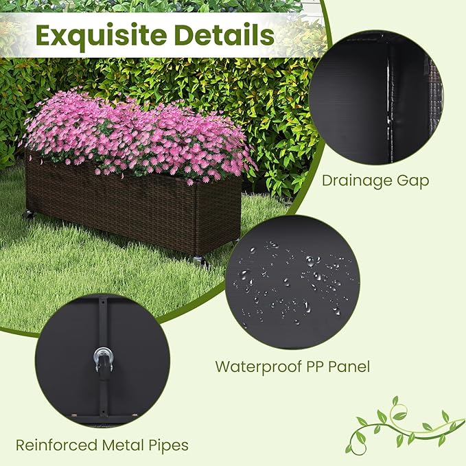 Raised Garden Bed with Wheels - All-Weather PE Rattan Wicker Elevated Garden Bed with Removable Liner &amp Lockable Wheels Indoor Outdoor Planter Box for Vegetable Flower Herb Fruit (1)