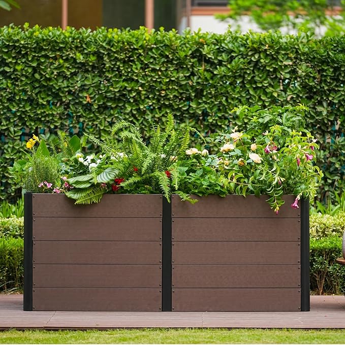 IDEALHOUSE 49x 19x 30 Raised Garden Bed Wood-Look WPC Composite Planter Box Outdoor Metal Frame with Deep Root Design Planter for Vegetables Flowers Herbs Open Bottom