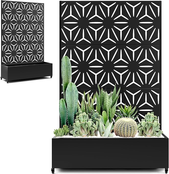 Metal Planter Box with Trellis &amp Privacy Screen for Patio Large Raised Garden Beds with Drainage Holes &amp Wheels 47 L×16 W×71 H Standing Flower Beds with Trellis (Black Star)