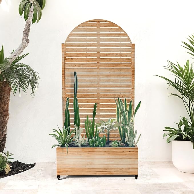 Metal Planter Box with Trellis for Patio Privacy Planter with Trellis Standing Planters Boxes with Privacy Screen Drainage Holes for Climbing Plants (35 L Arch White Wood Grain)