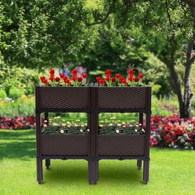 DYRABREST Set of 4 Raised Garden Bed Self-Watering Plastic Planter Box Stand with Legs Sun and Frost Resistant Planter Outdoor Vegetable Growing Bed for Flower Herb Backyard Patio Balcony