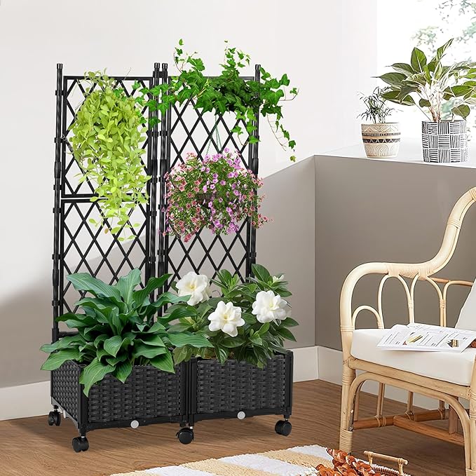 Raised Garden Beds with Screen Outdoor Garden Trellis for Climbing Plants Indoor Raised Privacy Planter Box with Trellis for Balcony Backyard Patio Black 2 Pcs