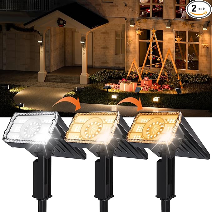 2-Pack Solar Lights Outdoor Waterproof IP67 3 Color Modes (Warm/Cool White &amp Hybrid) with 3 Lighting Modes 105° Adjustable Dusk to Dawn Solar Spotlights for Pathway/Garden/Yard Wall/Ground Light