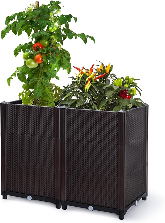 D'vine Dev Raised Patio Planter Box - Elevated Planter with Drainage Plug Raised Garden Beds for Growing Flowers Herbs Vegetables - Outdoor Standing Gardening Kit Set of 2 RGB-D-2
