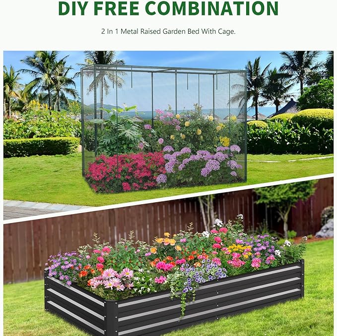 Galvanized Raised Garden Bed with Crop Cage Plant Protection Net Tent Kit for Garden Plant 82.7x43.3x 59 Plants Protection Tent Cage Metal Planter Box Bottomless Planting Vegetables Outdoor