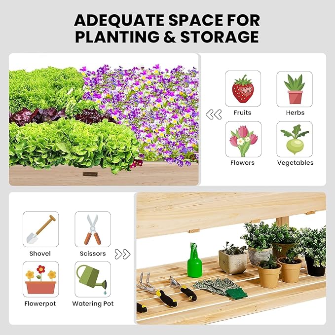 LDAILY Raised Garden Bed Wood Flower Bed on Wheels with Study Legs &amp Storage Shelf Outdoor Planter Box with Bed Liner for Flowers/Vegetables/Fruits in Yard Patio 47.5 L X 23.5 W X 33 H
