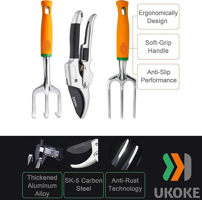 UKOKE Garden Tool Set 12 Piece Aluminum Hand Tool Kit Garden Canvas Apron with Storage Pocket Outdoor Tool Heavy Duty Gardening Work Set with Ergonomic Handle Gardening Tools for women men