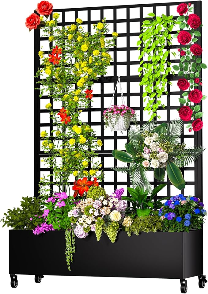 Metal Planter Box with Trellis 72.1x47.2x16 Galvanized Raised Garden Bed with Privacy Screen &amp Drainage Holes &amp Lockable Casters for Climbing Plants Flower Vegetable (Black-Grid)