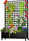 Metal Planter Box with Trellis 72.1x47.2x16 Galvanized Raised Garden Bed with Privacy Screen &amp Drainage Holes &amp Lockable Casters for Climbing Plants Flower Vegetable (Black-Grid)