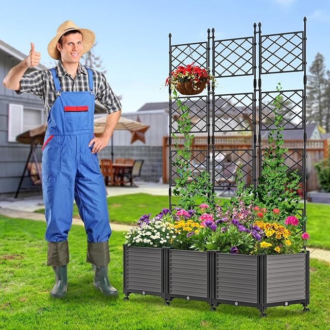 SUNYRISY Planter Box Privacy Screen with Wheels and Trellis Tomato Planter Boxes Vertical Garden Box for Climbing Vegetables and Flowers Raised Garden Bed for Indoor/Outdoor