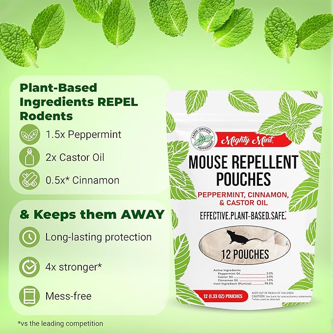 Mighty Mint Mouse Repellent Pouches – Peppermint Castor Oil &amp Cinnamon Formula – Natural Indoor Deterrent for Mice and Rodents – Plant-Based Long-Lasting Protection – 12 Count (Pack of 2)
