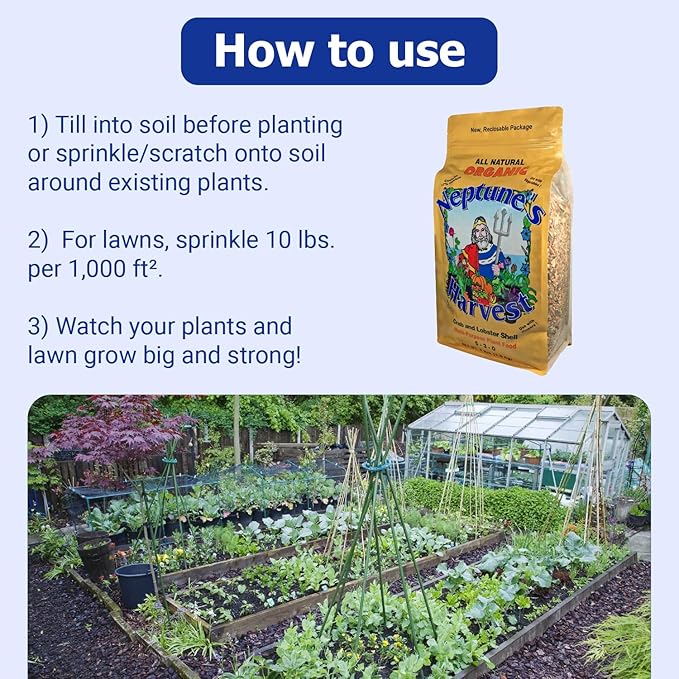 Neptune’s Harvest Organic Crab &amp Lobster Shell Multi-Purpose Plant Food (5-3-0) - 4 LB Resealable Bag - Rich in Nutrients Soil Fertilizer - Plant Food for Lawns Gardens and Vegetables