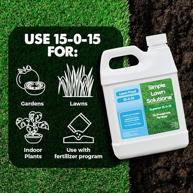 Superior 15-0-15 Liquid Fertilizer Nitrogen &amp Potash Lawn Food - Concentrated Spray- Any Grass Type- Simple Lawn Solutions Green Growth - Humic Acid - Kelp Seaweed - Phosphorus-Free (1 Quart)