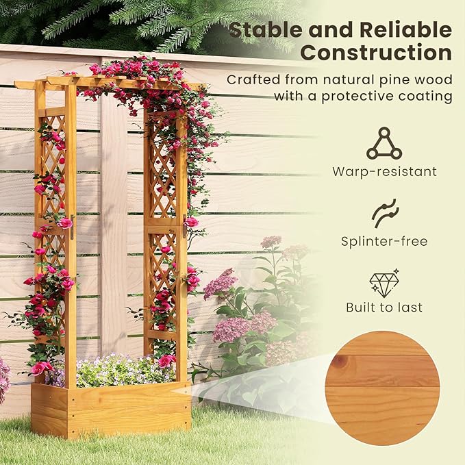 Wooden Flower Rack Raised Garden Bed &amp Double-Sided Grid Fir Tree Planting Box with Drainage Holes &amp Bottom Gap for Flowers Suitable for Decoration Garden (No Base Panel 2)