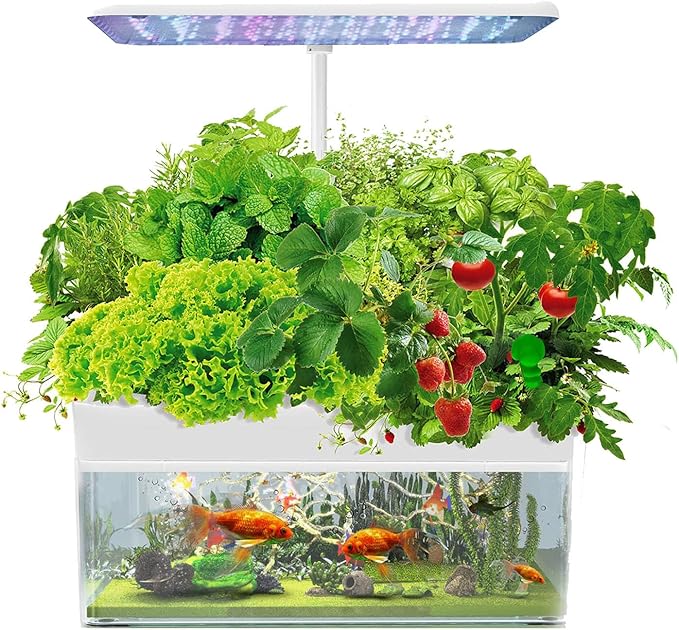Hydroponics Growing System 12 Pods Indoor Herb Garden with LED Grow Light with Aquaponic Fish Tankwith Auto Timerfor Home KitchenHeight Adjustable
