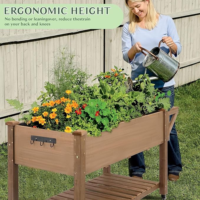 Raised Garden Bed Outdoor with Lockable Wheels 55x 24 x 33 Elevated Wood Planter Box for Backyard Balcony Patio  Garden Flower Beds with Drainage Holes &amp Storage Shelf Gift for Gardening Br