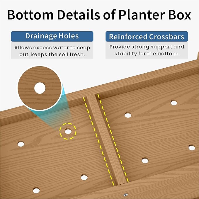 HDPE Planter Box All-Weather Outdoor Garden Bed Easy to Assemble Drainage System Low Maintenance Non-Fading for Flower/Herb/Seed (Teak)