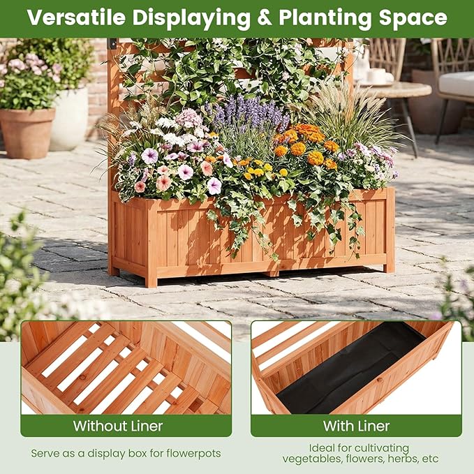 IRONMAX Raised Garden Bed with Trellis Wood Planter Box with Liner Drainage Gaps for Climbing Plants Vines Flowers Vegetables Outdoor Privacy Screen Planter for Patio Porch Backyard