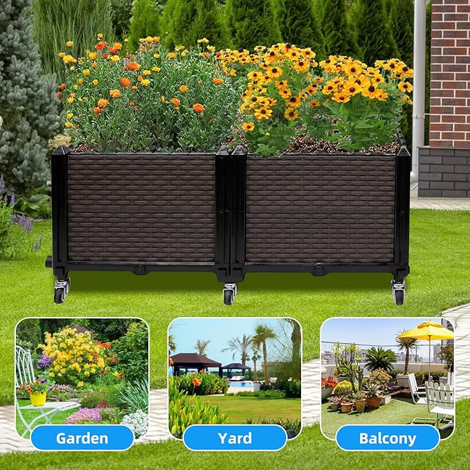 Raised Plant Box with Wheels 31.5x15.7x16.1 Raised Beds for Gardening Self Watering Durable Metal Lockable Casters Rectangular Garden Planter Perfect for Garden Patio Balcony Deck