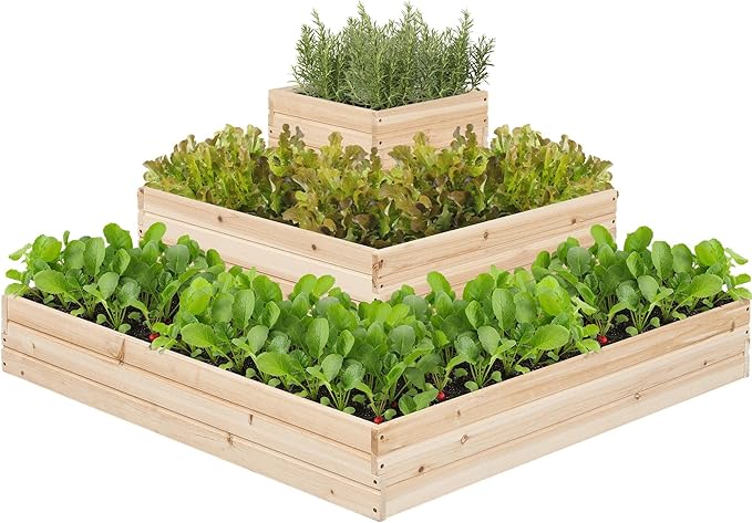 Yaheetech 3 Tier Wooden Raised Garden Bed 44.5'' L×44.5″ W×20.5″ H Horticulture Open-Bottom Planter Raised Garden Bed for Flowers/Herbs/Vegetables Planter Flower Box