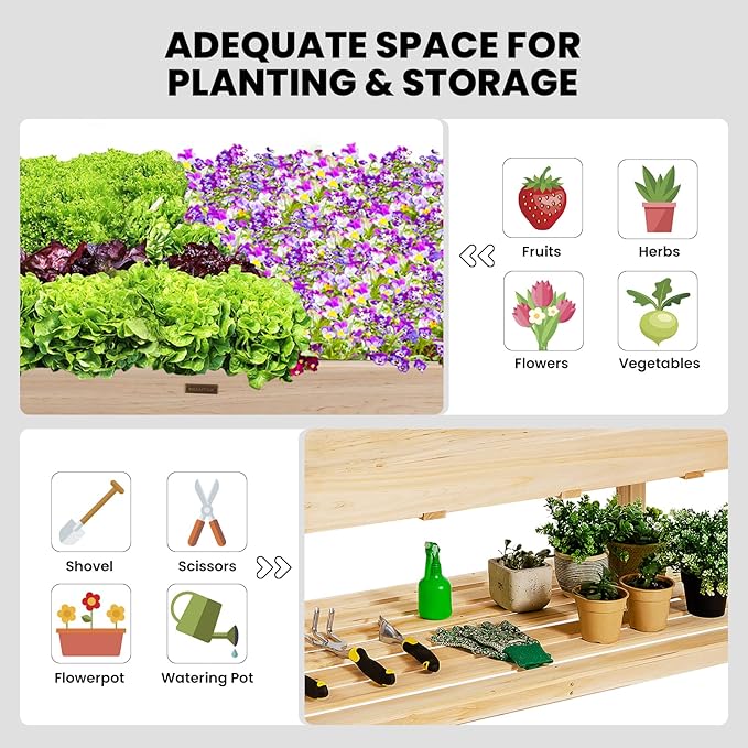 COSTWAY Raised Garden Bed with Wheels Wood Planter Box with Storage Shelf for Vegetables Flowers &amp Herbs Elevated Garden Planter Bed for Backyard Patio Balcony 47.5”L x 23.5”W x 33”H