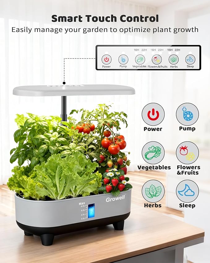 Hydroponics Growing System Kit 16 Pods Vertical 8L Indoor Gardening System for Herb Vegetable Fruit with LED Grow Light Smart Water Circulation 3 Light Modes &amp 2 Timer Gray