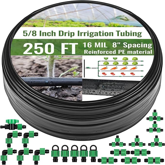 250 ft 5/8 Inch Drip Tape Irrigation Kit Drip Tape 16 Mil 8 Spacing Hose Garden Watering Tubing System Automatic Irrigation Equipment for Plant Landscape Yard Lawn and Farm