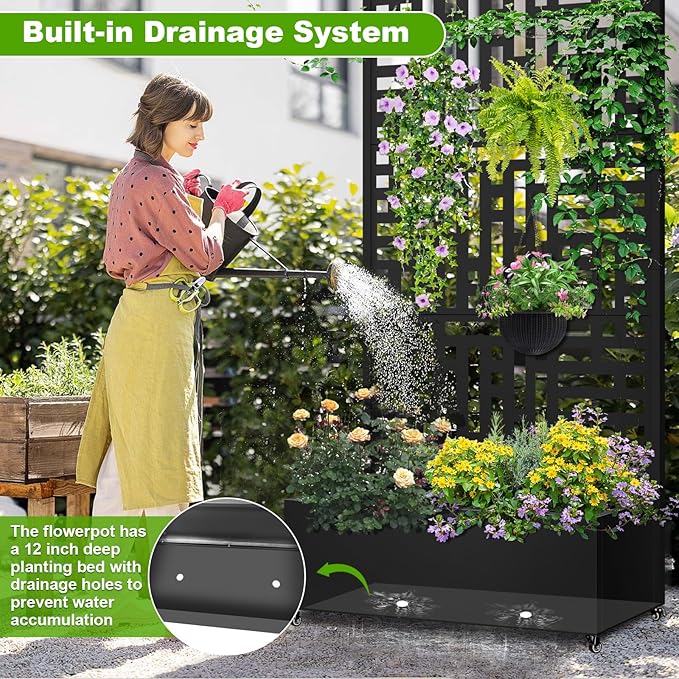 Metal Planter Box with Trellis 72x35x16 Metal Raised Garden Bed with Trellis Planter Box with Drainage Holes &amp Lockable Casters for Climbing Plants Vegetables and Vines
