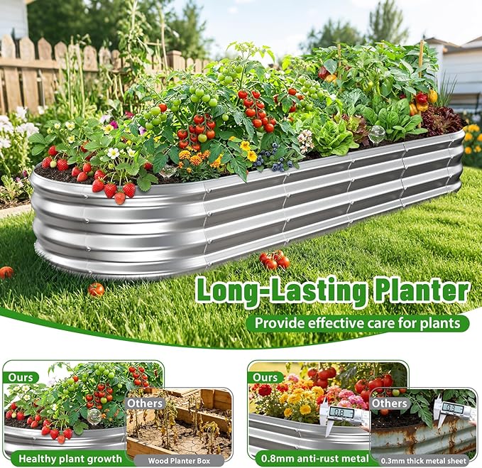 Oval Raised Garden Bed 5 x 2 x 1FT Galvanized Steel Planter Box with Wave-Shaped Metal Panels for Outdoor FlowerTreeHerb &amp Vegetable Garden (Silver 72X24X12 inches)