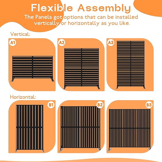 Metal Privacy Screen 72 H x 47.2 Decorative Outdoor Privacy Screen Privacy Panel with Stand for Balcony Deck Patio Lawn Garden Privacy Fence (Black-Louvered)
