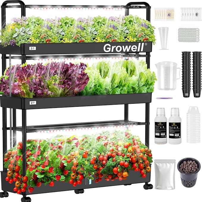 Large Hydroponics Growing System Kit 48 Pods Vertical Hydroponic Garden with 48 Large Buckets 40L Indoor Garden System for Herb Vegetable Fruit with 2 Light Modes Auto Circulating Water System