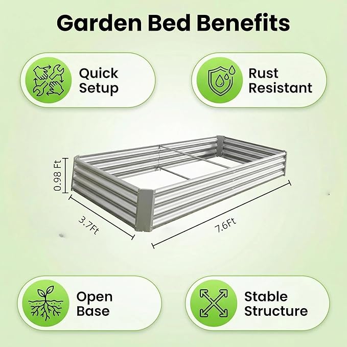 Metal Raised Garden Bed 8x4x1 ft Rectangle Planter Box Rust-Resistant Galvanized Steel with Open Base Design Quick Assembly for Vegetables Flowers and Plants (Silver)