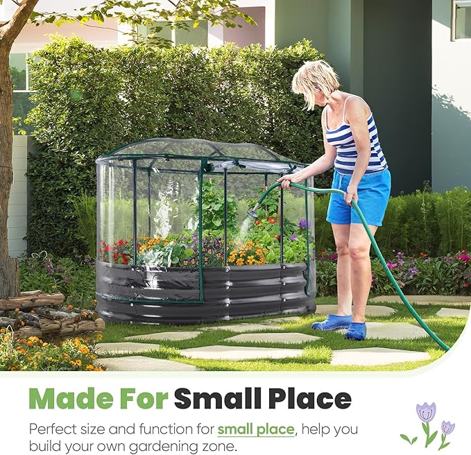 KING BIRD Raised Garden Bed with Cover Galvanized Oval Planter Garden Box Outdoor for Gardening Vegetables Flowers 47.2x35.4x11.8 in Clear