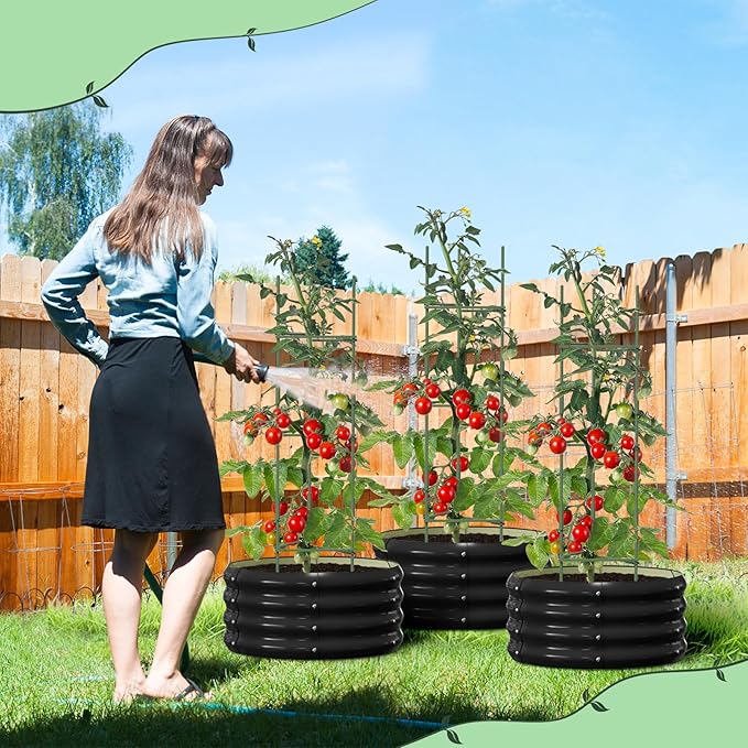 DoCred 3 Pack 2x2x1Ft Round Galvanized Raised Garden Bed Metal Garden Bed Outdoor with Tomato Cages for Gardening Above Ground Planter Box for Plants Vegetables Herbs Flowers Black