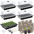 4 Sets Seed Starter Tray Kit Germination Starter Tray with Humidity Dome and Base Include 100 Peat Pellets 100 Plant Labels Garden Tools Plastic Plant Growing Trays for Greenhouse Garden Black