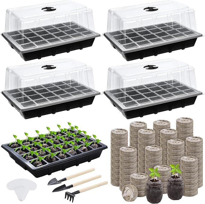 4 Sets Seed Starter Tray Kit Germination Starter Tray with Humidity Dome and Base Include 100 Peat Pellets 100 Plant Labels Garden Tools Plastic Plant Growing Trays for Greenhouse Garden Black