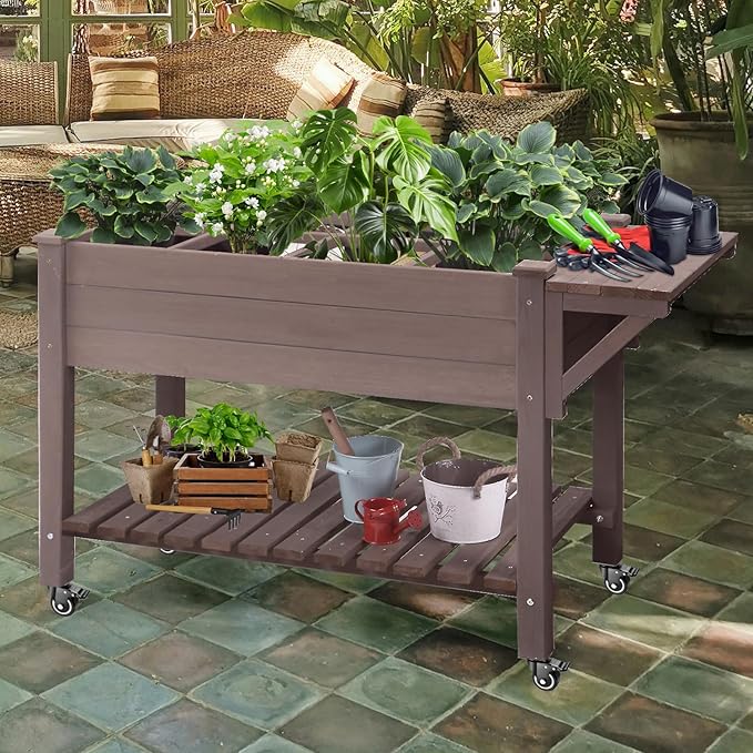 GUTINNEENRaised Garden Bed with 8-Zone Planting Grid - Wooden Elevated Planter Box Locking Wheels &amp Side Workbench for Outdoor Plants Herbs and Flowers