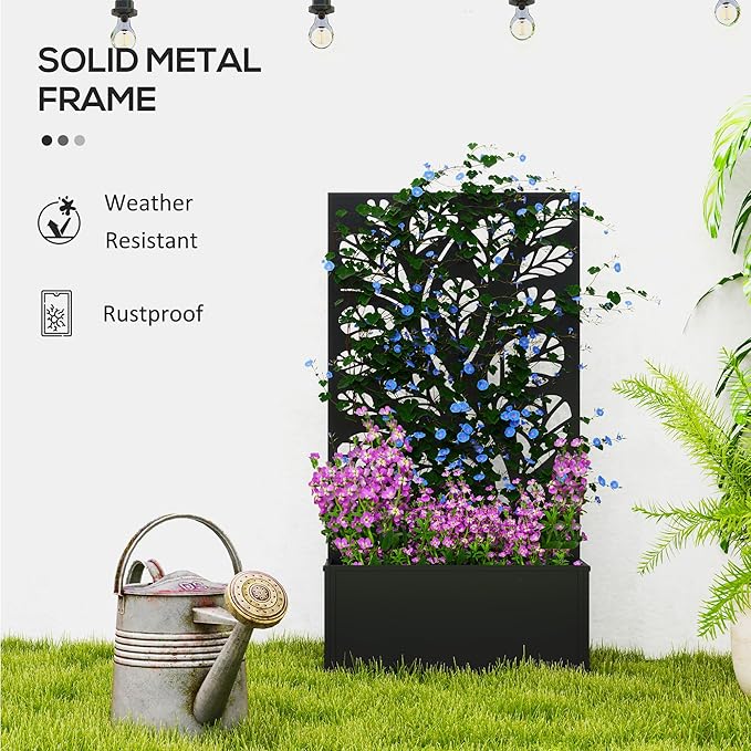 Outsunny Metal Raised Garden Bed with Trellis for Climbing Plants Freestanding or Wall Mounted Flower Bed with Privacy Panel Twigs and Leaves Cut-Outs Outdoor Planter Box for Garden Patio Balcony