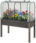 Giantex Raised Garden Bed with Cover Wood Elevated Planter Box with Legs &amp Mini Greenhouse Waterproof Sun-Protective PE Green House Cover Outdoor Use for Fruit Vegetable Flower Herb (White+Gray