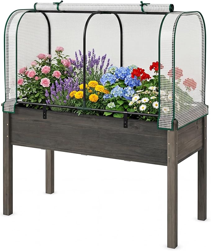 Raised Garden Bed with Greenhouse Waterproof Sun-Protective Green House with Roll-Up Door &amp Electroplated Metal Frame Pine Wood Elevated Planter Box with Drainage Holes(White+Gray)
