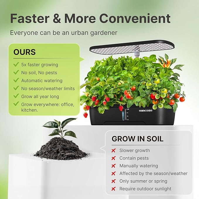 SUNCOZE Hydroponics Growing System Kit 12 Pods Indoor herb Garden with 20W LED Grow Light Visible Water Tank with Pump 2.2-12.4 Adjustable Height Indoor Gardening System Gardening Gifts Black
