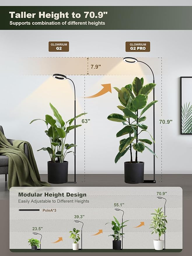 GLOWRIUM 24W LED Grow Light for Indoor Plants 23.5-71 Adjustable Height 3-Growing Full Spectrum for Tall Grow Light High PPFD 3/9/12/16H Timer 6-Level Dimming Ideal for Large Tall Plants