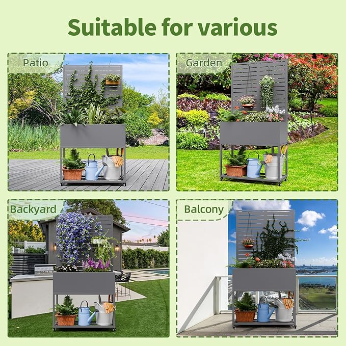 Metal Planter Box with Trellis67 H x35 W Raised Garden Beds with Privacy Screen for Climbing Plants Flower Elevated Standing Planter Garden Bed with Drainage Holes for Outdoor PatioGrey