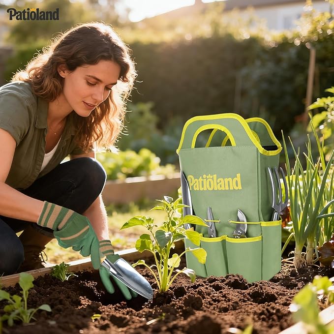 10-Piece Garden Tool Set Green Gardening Hand Tools Kit with Non-Slip Handles Heavy Duty Rust-Proof Aluminum Tools Organizer Tote Bag &amp Gardening Gloves Ideal Gardening Gifts for Men and Women
