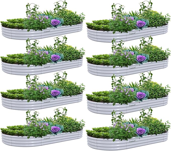 8 Pack 8x4x1FT Galvanized Raised Garden Bed Kit Oval Metal Ground Planter Box Outdoor Bottomless Planter Raised Beds for Vegetables Flowers Herbs Fruits Gray