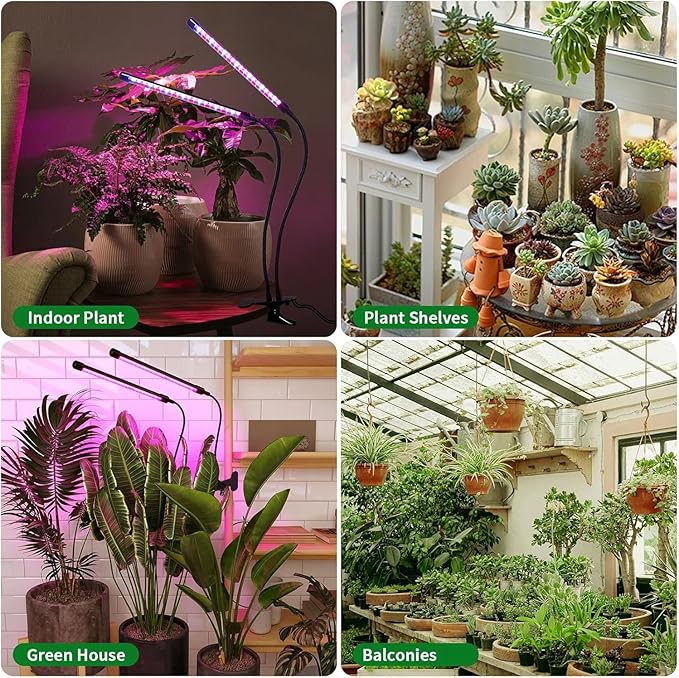 Solar-Powered Grow Lamp with Battery 2-Head 40 LED Full Spectrum Clip Light 16.4FT Cable USB Charging Timer &amp Dimmable Settings for All Growth Stages