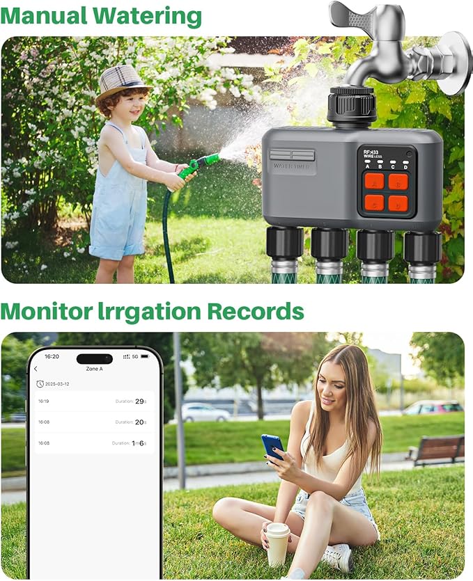 WiFi Sprinkler Timer 4 Zone with 984 Feet RF Gateway 4 Outlet Smart Water Timer for Garden Hose with Rain Delay/Manual/AutomaticWiFi Water Hose Timers for Garden &amp Lawns